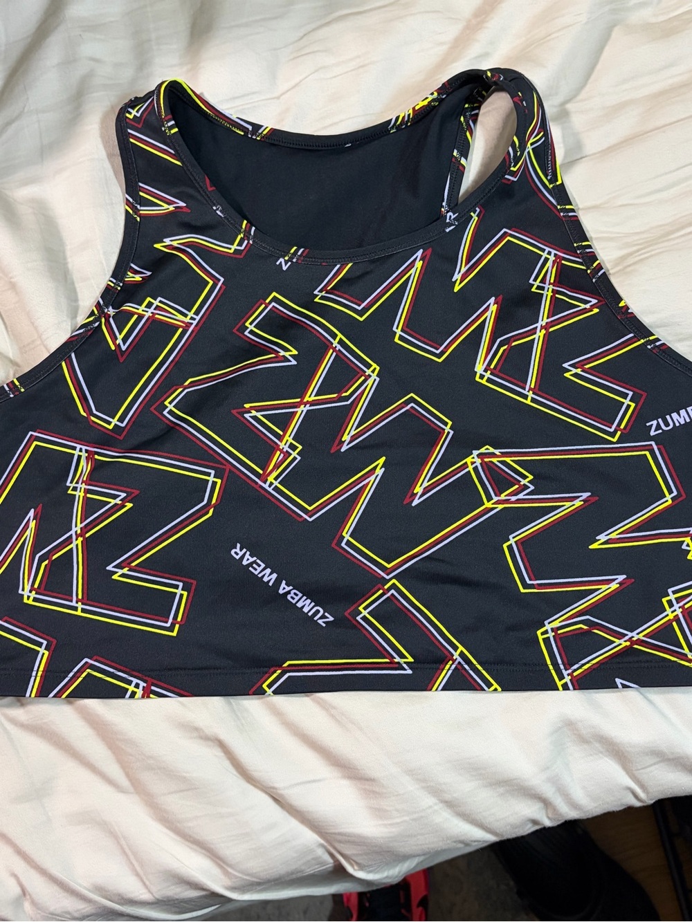Zumba Fitness Black Crop Sports Top with Multicolor Logo Outline